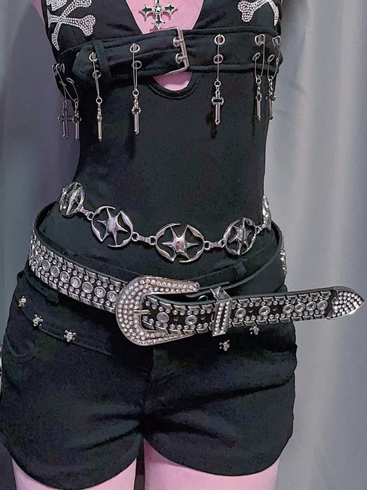 Punk Details Studs Waist Belt Decorated Rhinestone Black/White