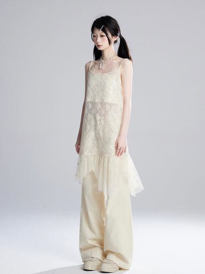 Aprikosenfarbene, bodenlange Hose mit weitem Bein und niedriger Taille