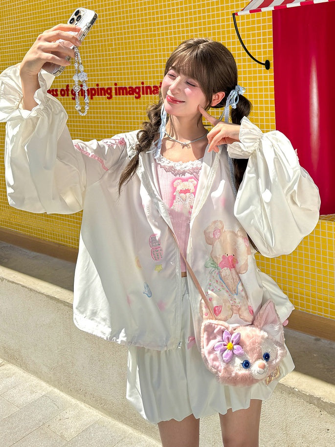 Sun Protection Hooded Adorable Bear Print Drawstring Hem White Jacket