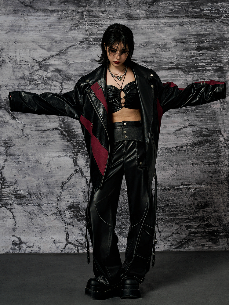 Black PU Punk Cargo Pants With Adjustable Metal Straps