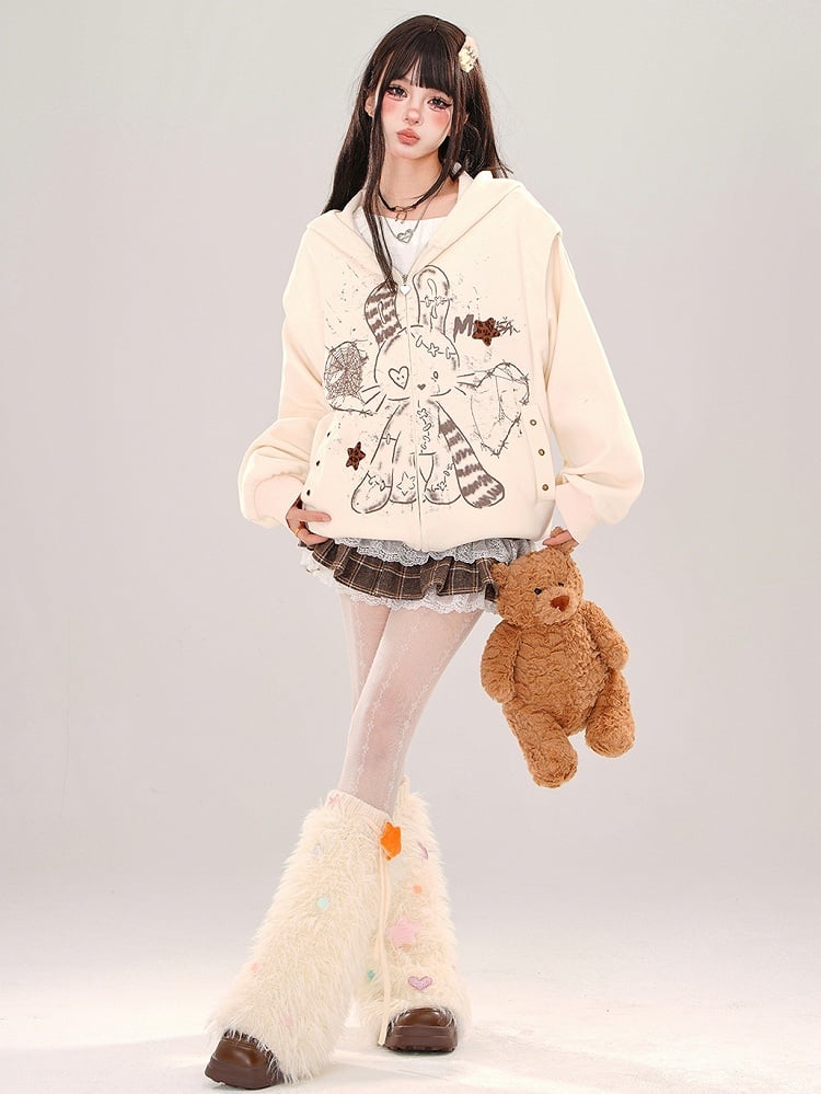 Apricot Rabbit Bear Ears Loose Zip Hoodie