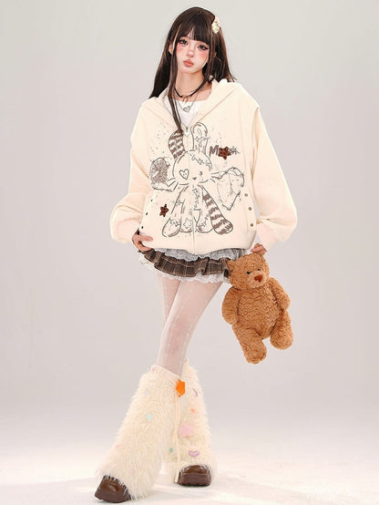 Apricot Rabbit Bear Ears Loose Zip Hoodie