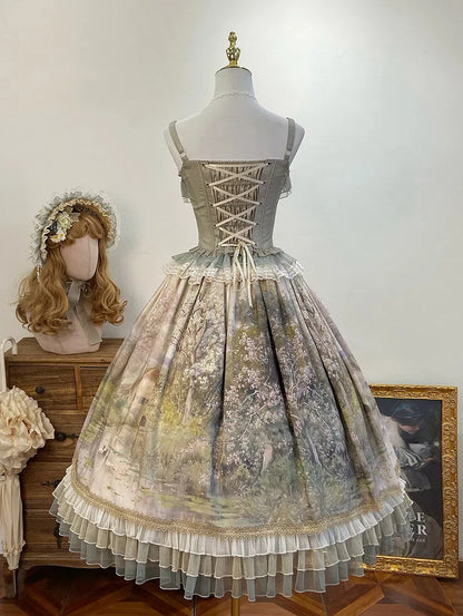 油絵プリントのグリーンレイヤードフリル裾ロリータスカート