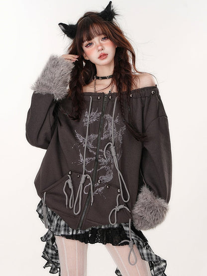 Dicker Kapuzenpullover mit Reißverschluss in Drachengrau, abnehmbare Kapuze