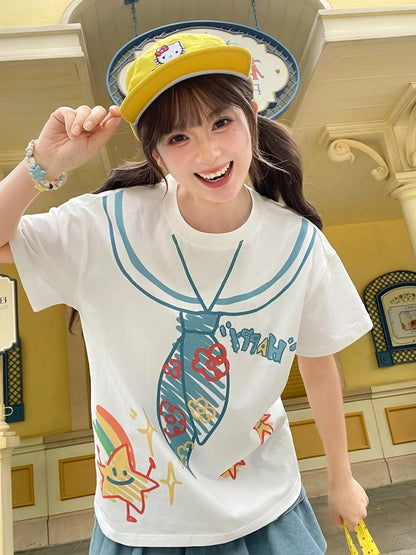 ホワイト ラウンドネック セーラーカラー プリント ゆったり かわいい Tシャツ