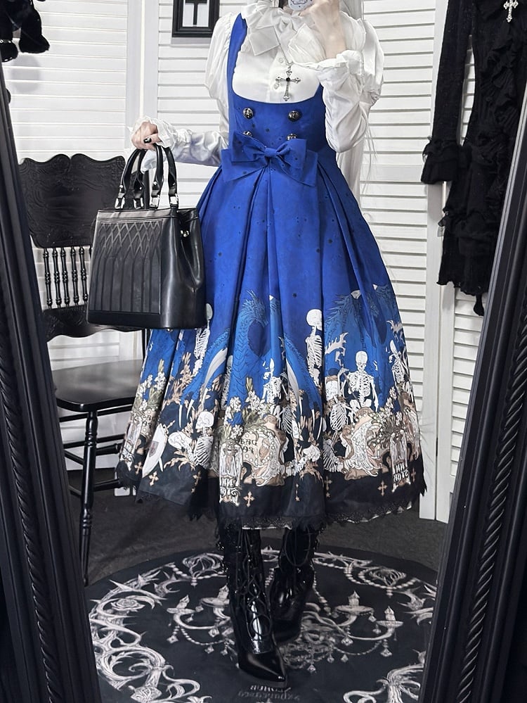 Blue Skeleton Cross Print Under Bust Gothic Lolita Dress with Black Lace Trim - NnSTAR