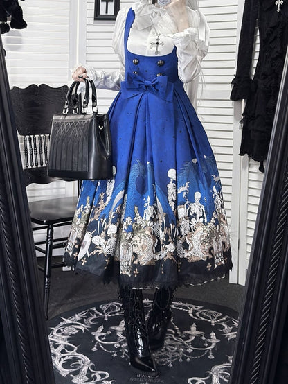 Blue Skeleton Cross Print Under Bust Gothic Lolita Dress with Black Lace Trim - NnSTAR