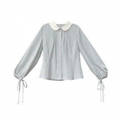 Collar White Long Pan Dusty Sleeves with Plaid Blouse Peter Blue
