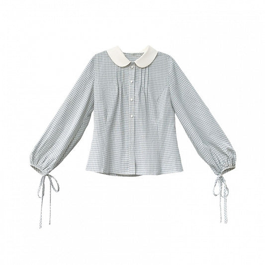 Collar White Long Pan Dusty Sleeves with Plaid Blouse Peter Blue