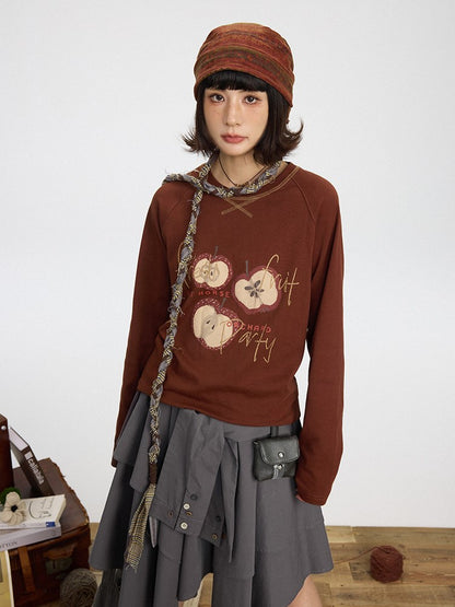 Kawaii Shirt Sleeve Print Long Brown Decorated - Red Apple