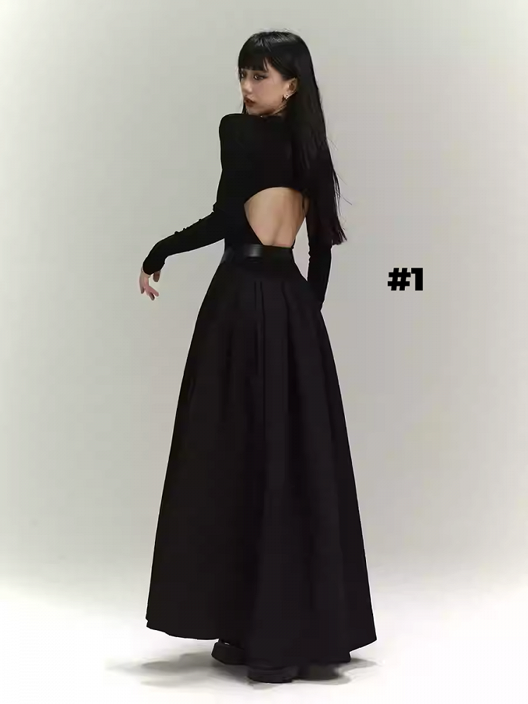 Gothic Black Backless and Covered-Back Round Neck Slim-Fit Dress