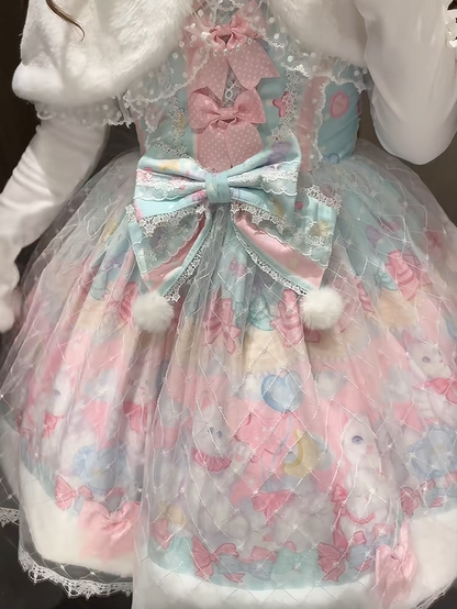 Sweet Trim with Cat Hem Lolita and Print Accents Green Bow Pink Fur Dress Light