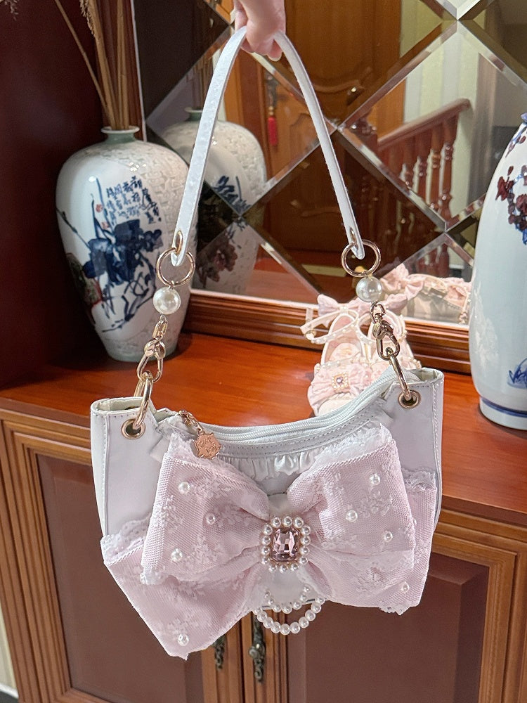 Bag Lolita in White Shoulder Sweet Rhinestone Satin Beads Embellished - Bow Lace