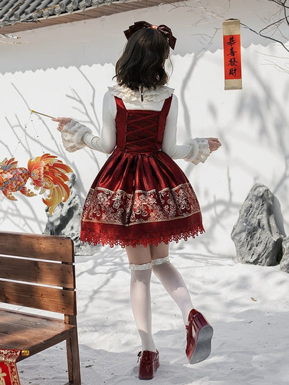 Dress Chinoiserie Waist Short Lolita New Bust Under Version Red Boned Gold Year