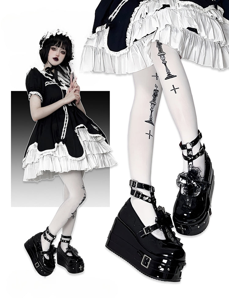 Polished Black Gothic Lolita Lace Trim Cross Platform Shoes