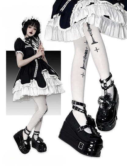 Polished Black Gothic Lolita Lace Trim Cross Platform Shoes