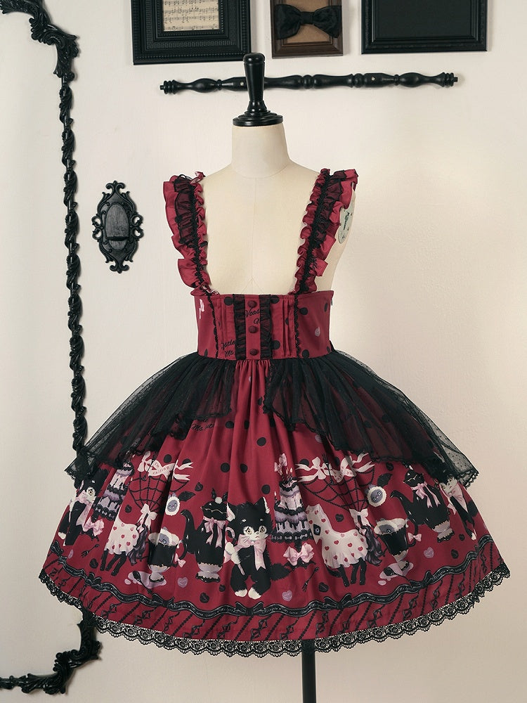 High Kitty Detachable Lolita Straps Cake with Skirt Ruffle Print Red Waist and
