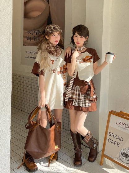 Long/Short Fashion Version T-Shirt with Detachable Plush Red Millard Panda Brown