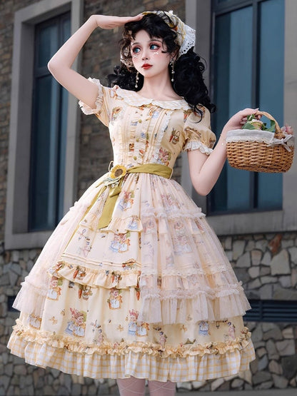 Sweet Bunny Yellow with and Sunflower Puff Lolita Overlay Dress Plaid Hem Sleeves Print