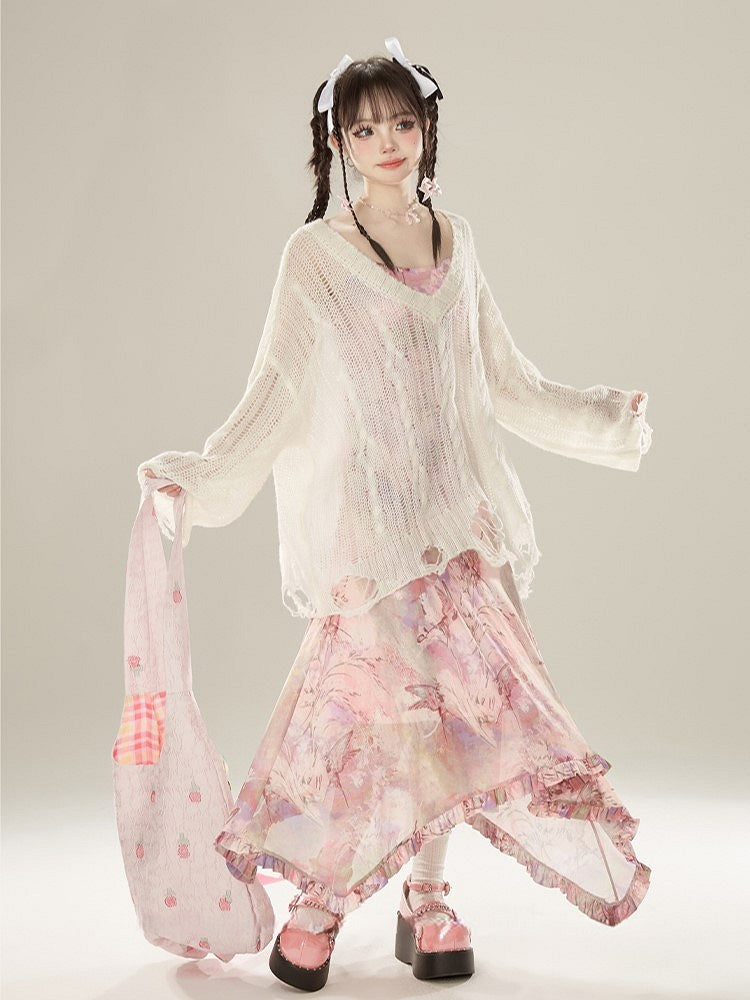 Hem Hollow-out White with Distressed V-Neck Knit Top Hole