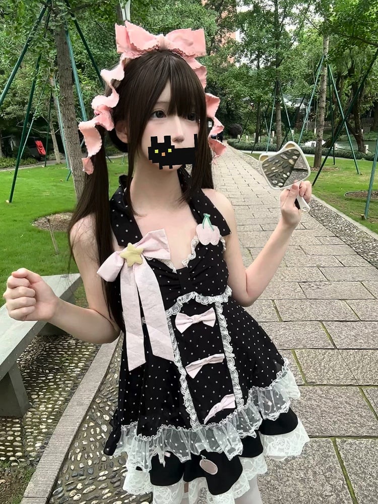 with Skirt Dot Bow Cherry and Halter Details Black Contrast Top Polka / Candy Patches