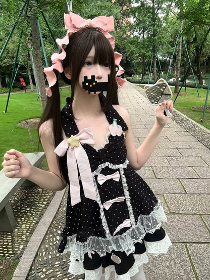 with Skirt Dot Bow Cherry and Halter Details Black Contrast Top Polka / Candy Patches