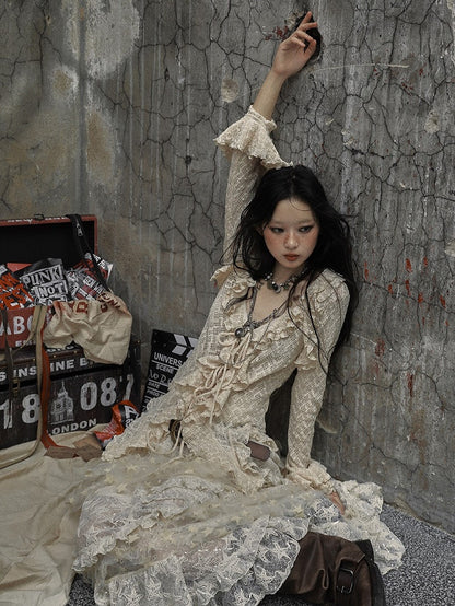 Drawstring Bell Detail Vintage with Ruffle Apricot Sleeves Blouse