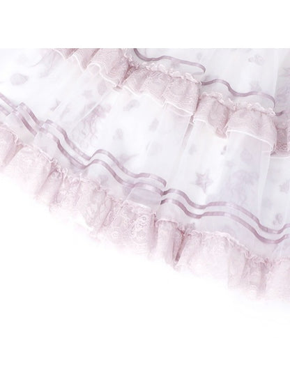 Summer Lolita Top & Skirt Set with Floral Embroidery and Lace - Yimu Walnut