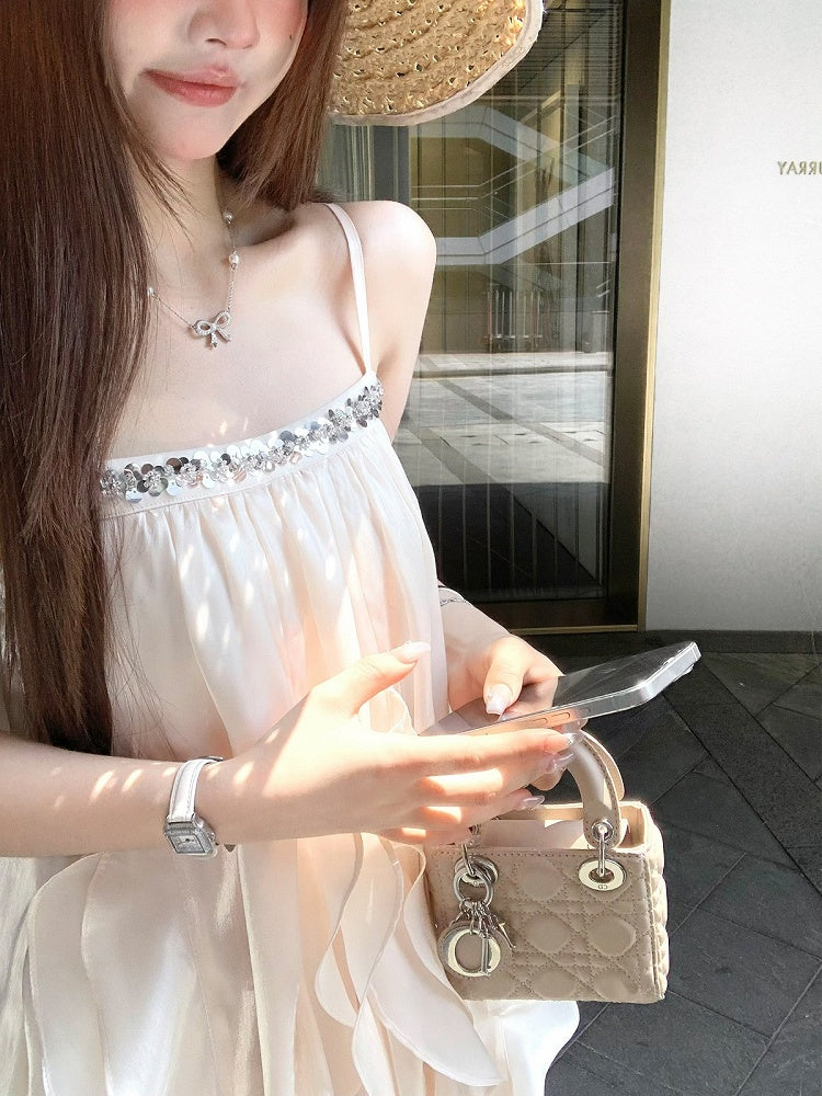 Apricot Sequins Ruffle Hem Summer Holiday Dress - Qchiwawameme