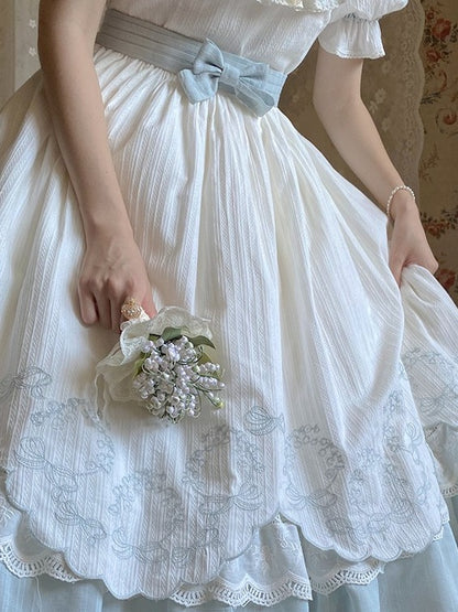 Blue & White Lace Petal Hem OP Dress with Belt and Bow Set - Rosa multiflora