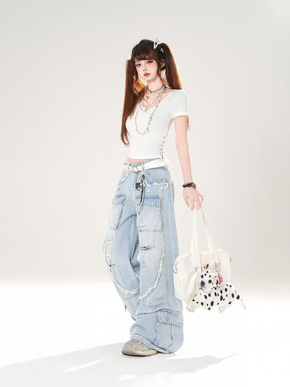 Rise Distressed Holes Wide-Leg Cargo Raw Black/Blue Hem Low