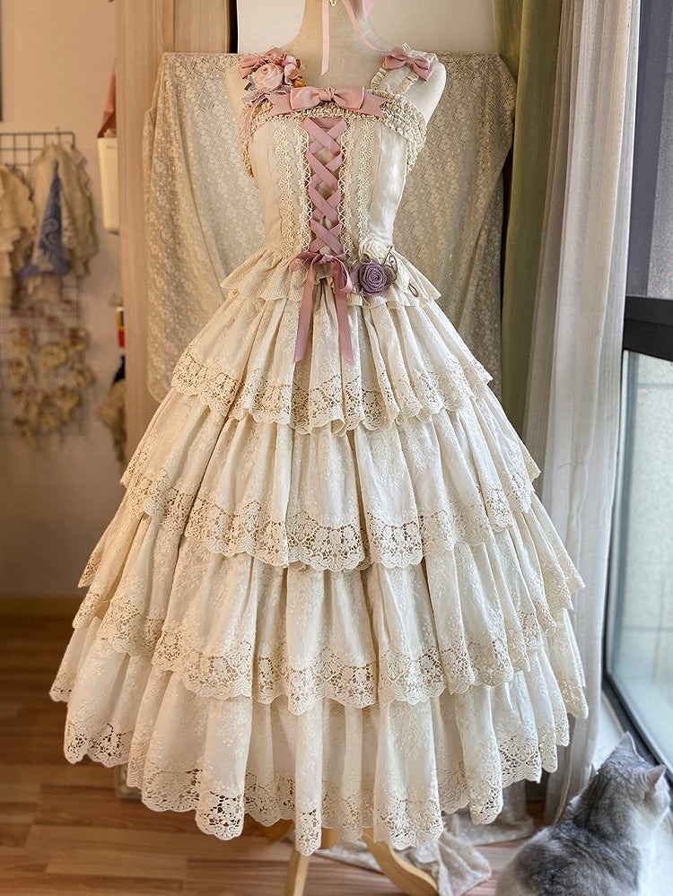 Beige Multi-layer Ruffles Elegant Lolita Skirt Floral Embroidery Details - Miss Point