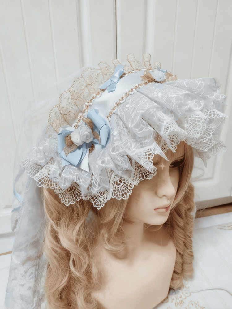 Multi-Layer Blue-White Hairband Lace Gorgeous Lolita Gold-Accented Light