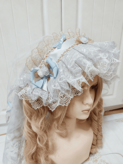 Multi-Layer Blue-White Hairband Lace Gorgeous Lolita Gold-Accented Light