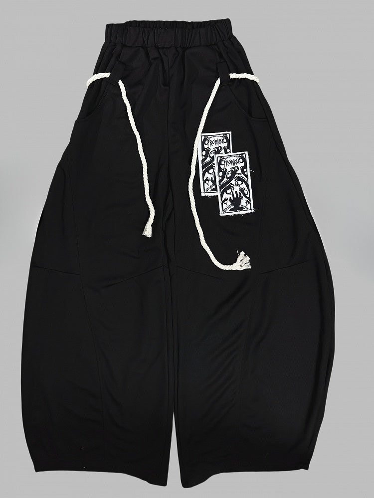 Accessory Applique Wide-leg Strap Pants Black Cut with Hand Y2K