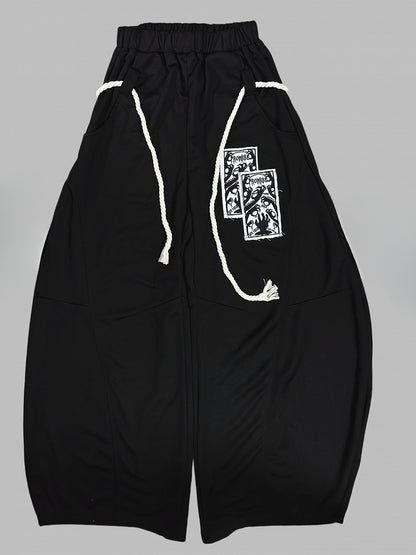 Accessory Applique Wide-leg Strap Pants Black Cut with Hand Y2K