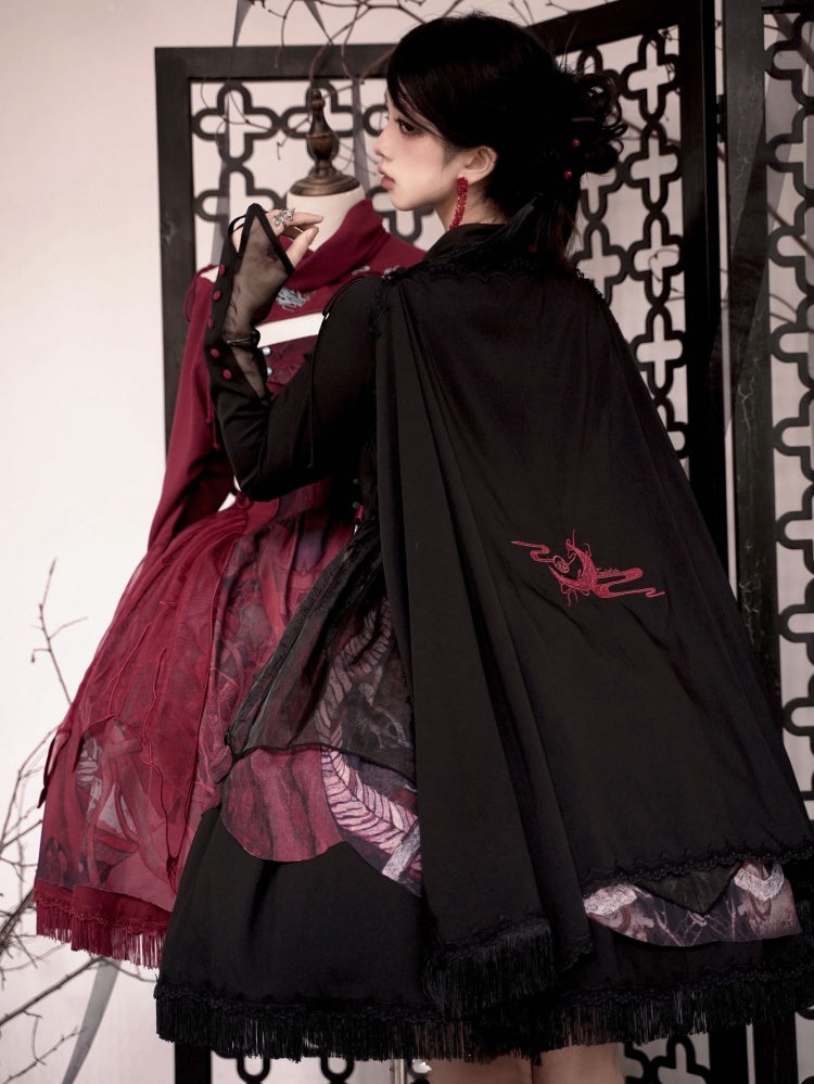 赤/黒/紫の龍と月の刺繍ショール