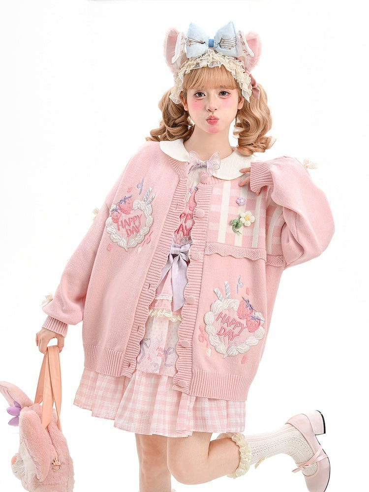 Spitze Bowknots Erdbeerkuchen Stickerei Yume Kawaii Rosa Strickjacke