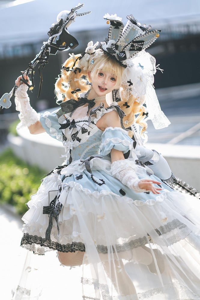 Alice in Wonderland Off-Shoulder Lolita Dress with Playing Card Appliques - Hinana Queena
