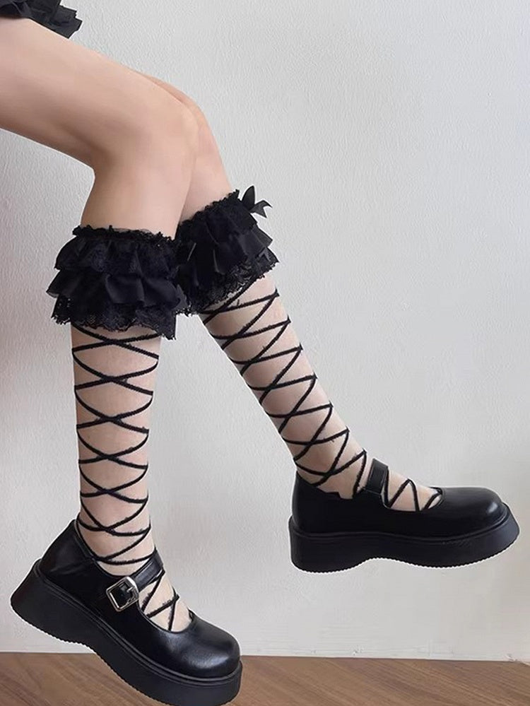 Lace Ruffle Lolita Black Crisscross Calf Style Socks