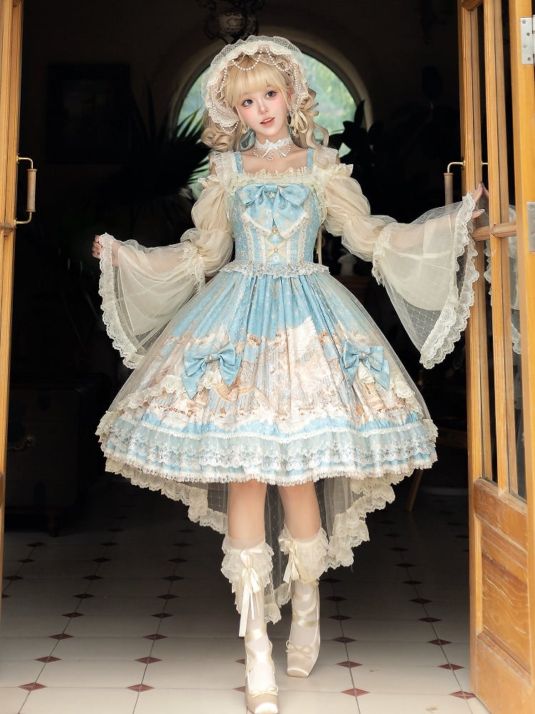 with Skirt Dress Classic Elegant Unicorn Lolita Beaded Chain Print and Waist Blue Overlay