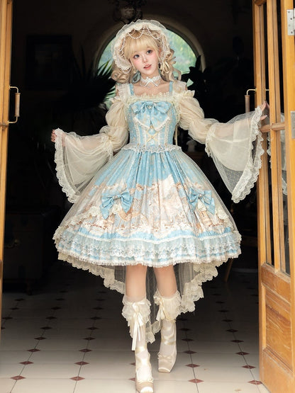 Print Full Lolita Set Classic Elegant Unicorn Blue Dress JSK