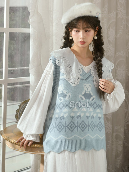 Blue Teddy Bears Pattern Scalloped Edge Trim Vest