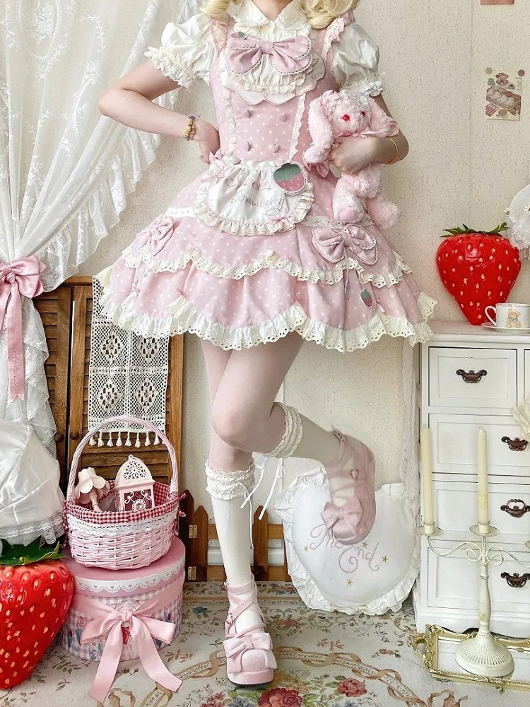 Details Pink Lace with Light Bow Dot Sweet Strawberry JSK and Lolita Polka Themed Dress
