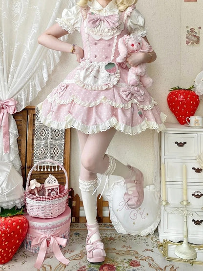 Pink + Bonnet Lolita with Ear and Dress Themed Strawberry JSK Full Polka Bunny Hairband Set Dot Light Bow Lace Details Choker Sweet