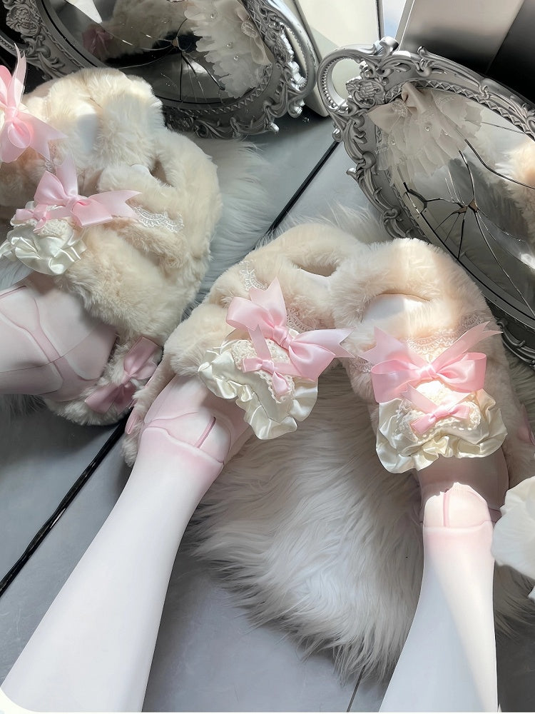 Ruffle - Lace Pink Slippers Bow with 2cm/4cm Platform Knotted Lolita Plush Heart Sweet Winter Trim