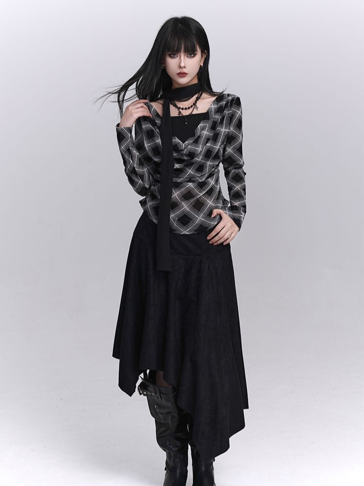 Top Faux Two-Piece Cowl Autumn Black Neck Plaid