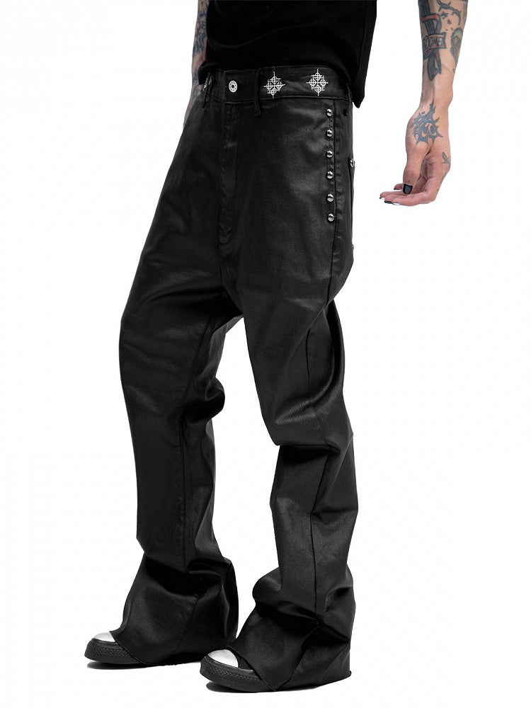 Black Coated Wax Flared Jeans Punk Style - DETW OnLine