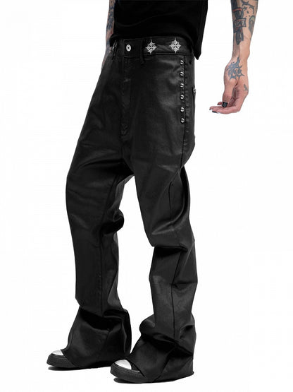 Black Coated Wax Flared Jeans Punk Style - DETW OnLine