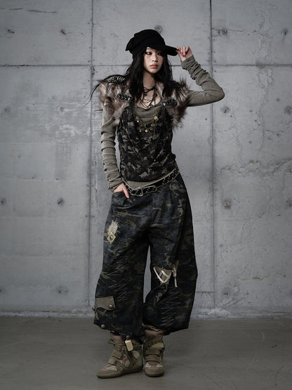 Studded Design Camo Accents Green Vintage Knit Cold-Shoulder Punk with Top